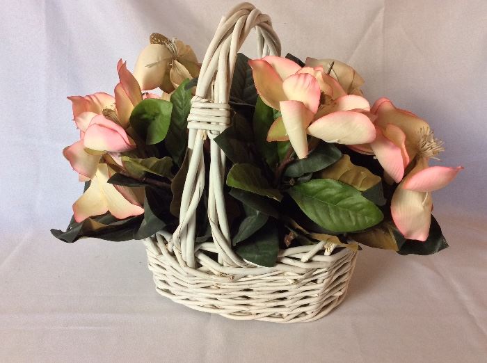Basket with Artificial Magnolia Blooms. 