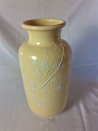 Yellow Vase with White Cherry Blossom Overlay. 17" H.