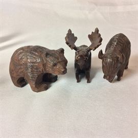 Carved Wood Bear, Moose, and Buffalo, 3"L.