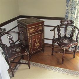 ROSEWOOD AND MOTHER OF PEARL  CHAIRS AND STAND