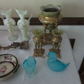 ANTIQUE ENAMEL AND MARBLE VASE W/CANDLESTICKS