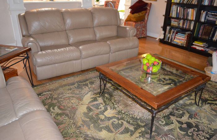 leather recliner sofa; glass top wrought iron coffee table