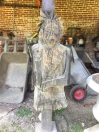  VERY LARGE HAND CARVED INDIAN BUST WHEEL BORROWS YARD CARTS  AND MIC.