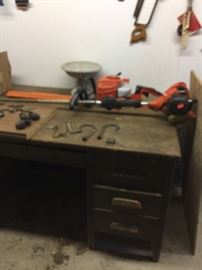  OLD OFFICE DESK , WEED EATER AND MIC