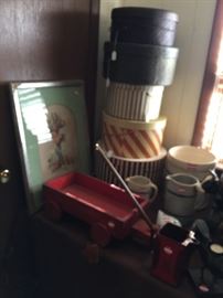 VINTAGE  HAT BOXES  WAGON  , OLD CROCKS  AND MIC ITEMS