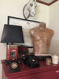  VINTAGE TELEPHONES, LAMP, AND BUST. 