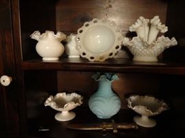 Fenton milkglass upper right, aqua blue vase.