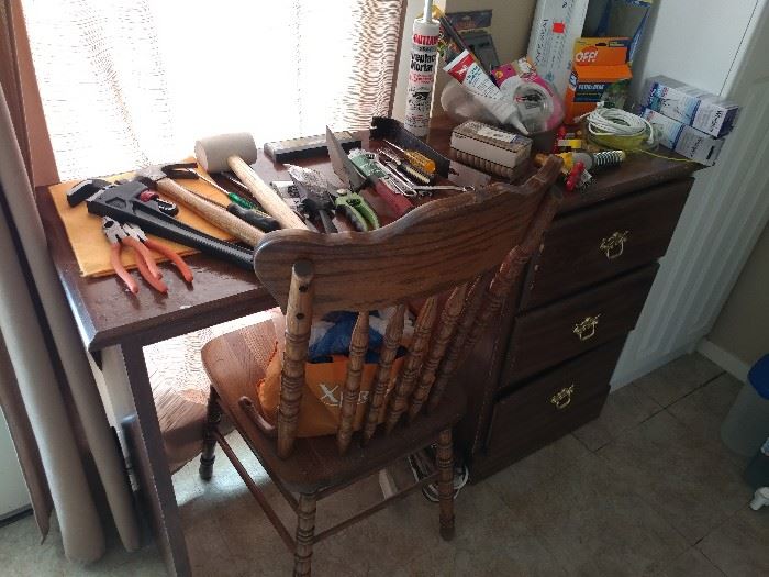 office desk, hand tools, workshop items