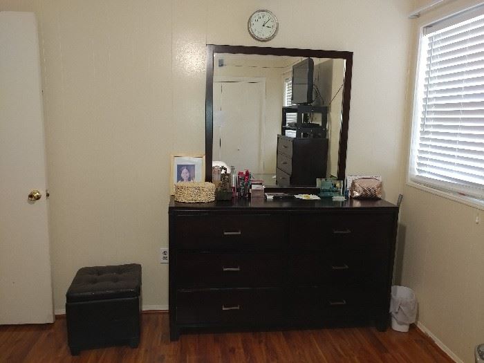 dresser with mirror, foot stool storage