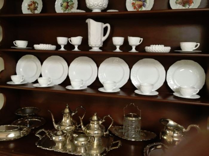 Milk Glass dishes; service for 6 with 2 extra cups and saucers