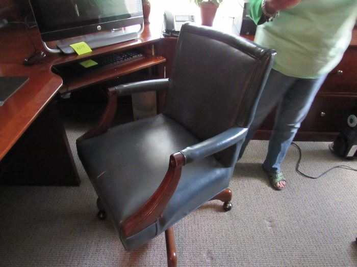 Blue pleather Mahogany desk chair.