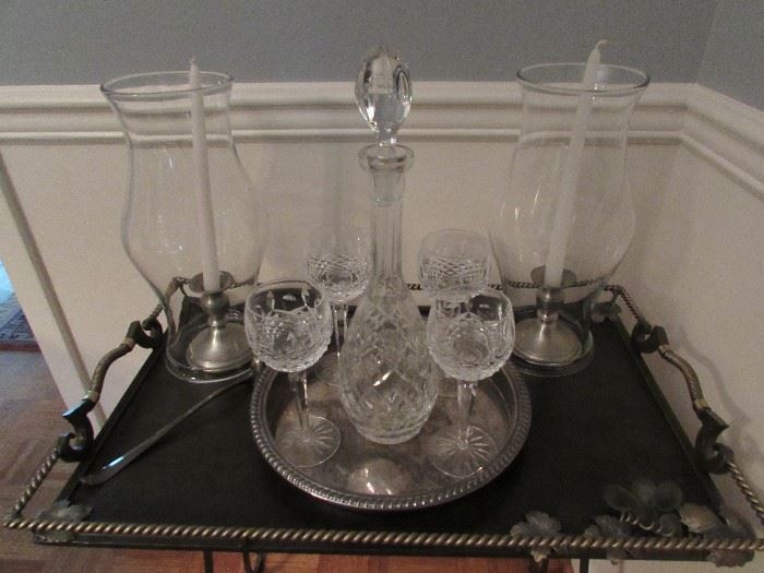 Crystal wine set, hurricane pewter candle holders.