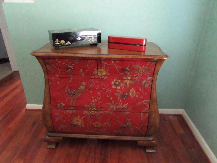 Painted Bombay style dhest of drawers, Asian jewelry chest, curlers