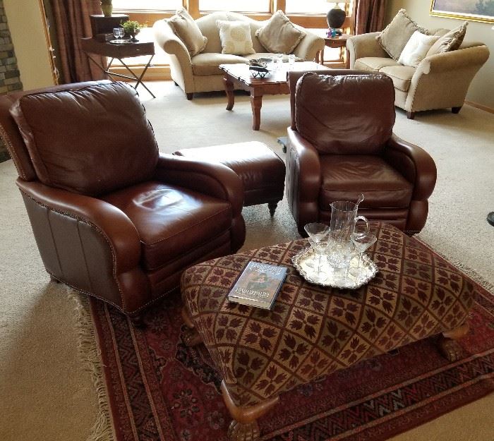 Leather Arm Chairs Ottoman and Oriental Area Rug