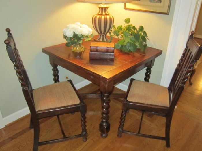 English Oak draw leaf table, barley twist legs with 4 chairs