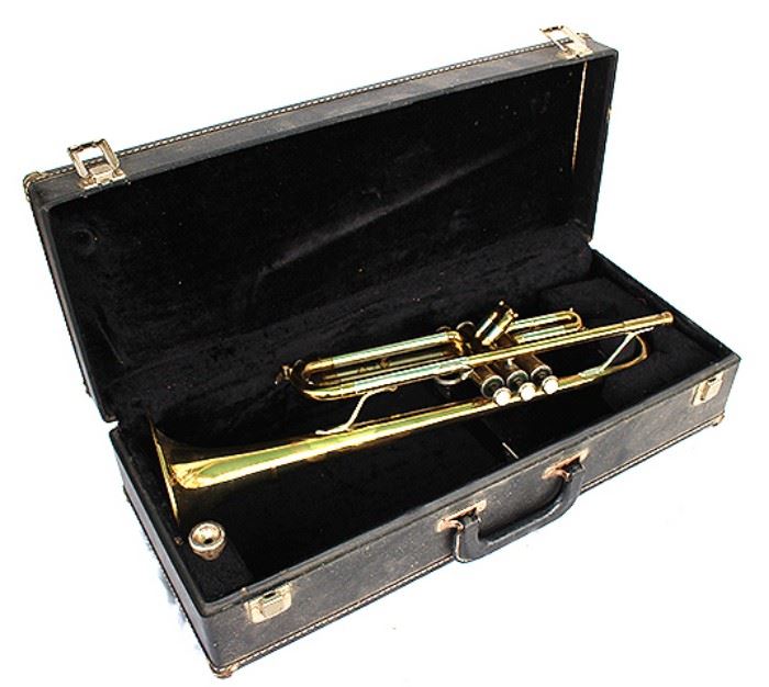 Trumpet in case, by Artist, mother of pearl buttons