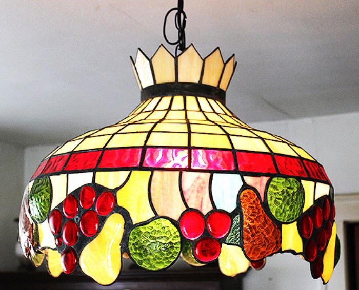 Glass hanging light fixture with fruit motif