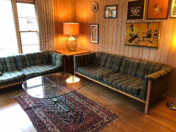 Pair Mid Century Sofas - Oak Parsons Table - Antique Oriental Rug 