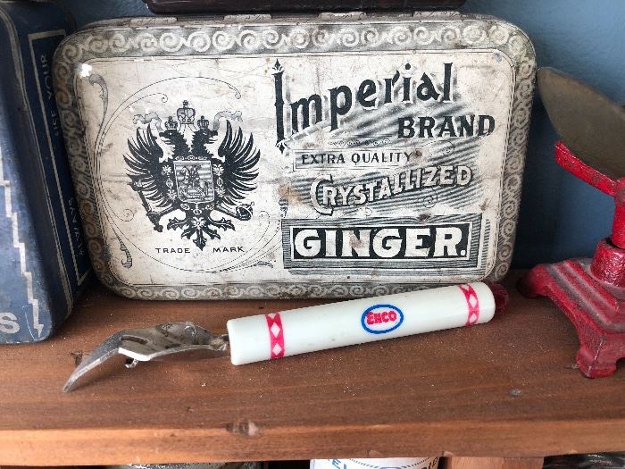 Imperial Brand Extra Quality Crystallized Ginger Advertising Tin and Enco Can Opener