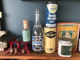 Whistle Soda Bottle, Norwich Zinc Stearate Tin, Gulf Rubber Patching Kit, Rexall Cold Cream in Milk Glass Jar, The Fulton Printing Outfit and Small Scale with Brass Weights