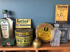 Vaseline Hair Tonic bottle, Satina Ironing Aid box, King Kole Double Quick Time Cleaner tin, Rawleigh’s Antiseptic Salve tin, Mazda Auto Lamps tin, Tintex Curtain Dye box, oil can, Princeton NJ bottle