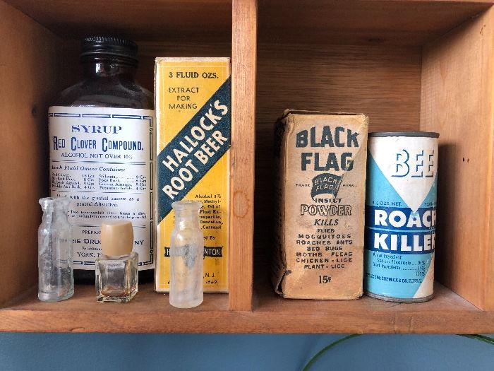 Syrup Red Cliver Compound bottle, Hallock’s Root Beer box & bottle, Black Flag Insect Powder bottle & box, Bee Roach Killer cylinder can, antique medicinal bottles