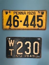 1928 Pa Penna (Pennsylvania) automobile  license plate tag, 1945 WT N.J. New Jersey license plate tag.