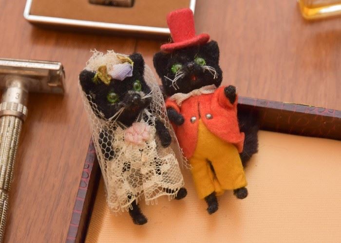 Vintage Miniature Black Cat Bride & Groom Dolls 