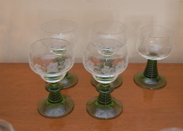 Vintage Etched Wine Glasses w/ Green Glass Base