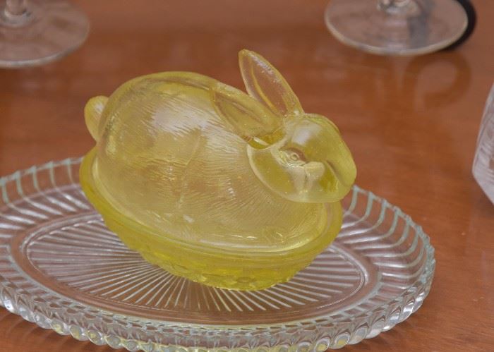 Vintage Yellow Glass Rabbit Candy Dish