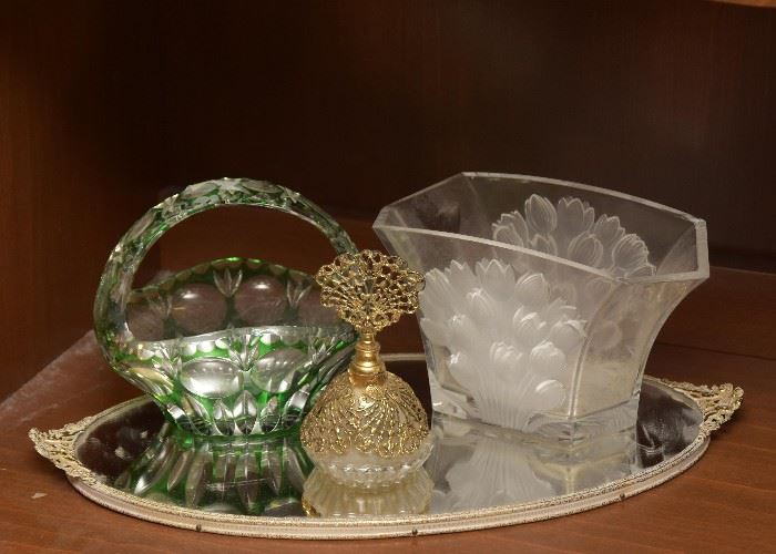 Czech Glass Basket, Perfume Bottle, Etched Glass Vase / Bowl