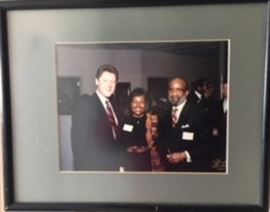 Framed Color Photo, President Wm Clinton, Gloria Bennett and Lerone Bennett, Jr. COA provided.