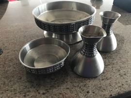MCM entertaining set by Mastad pewter Norway - 2 bowls and a pair of candle stick holders