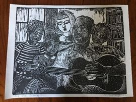 Margaret Burroughs. "Big Bill Broonzy" Linocut. Margaret Burroughs (American, 1917-2010).
"Bill Broonzy - Me Folk Singer". Linocut. 1992. Signed, dated, titled in ink, lower margin. White wove paper. Wide (full?) margins. Fine impression. Very good condition. A very large Burroughs image. Apparently scarce. Very large.
