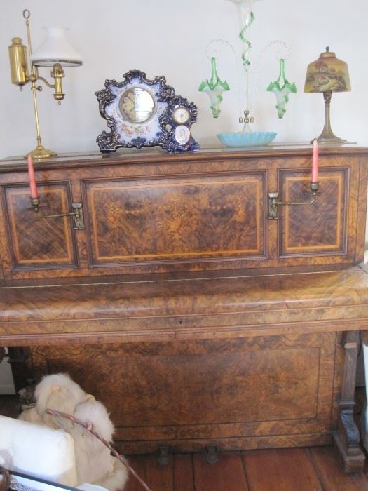 John Broadwood & sons piano, small reverse painted lamp, Victorian epergne, china clock & student lamp