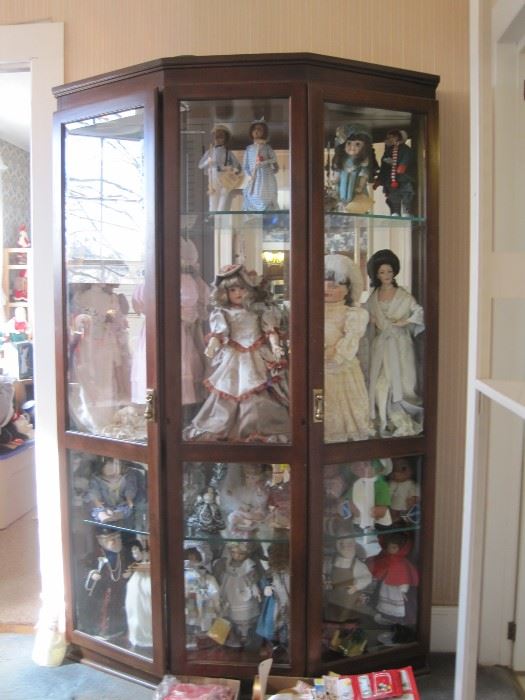 mirrored back cabinet & dolls (some new & some old)