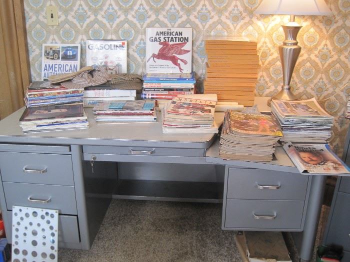 metal desk, Hemmings magazines & books