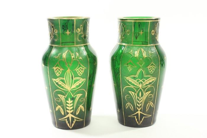 Lot 16: Pair Czech Green Glass Etched & Gilded Vases