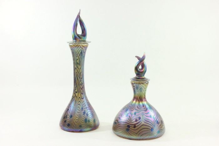 Lot 23: 2 Art Glass Bottles with Flame Stoppers