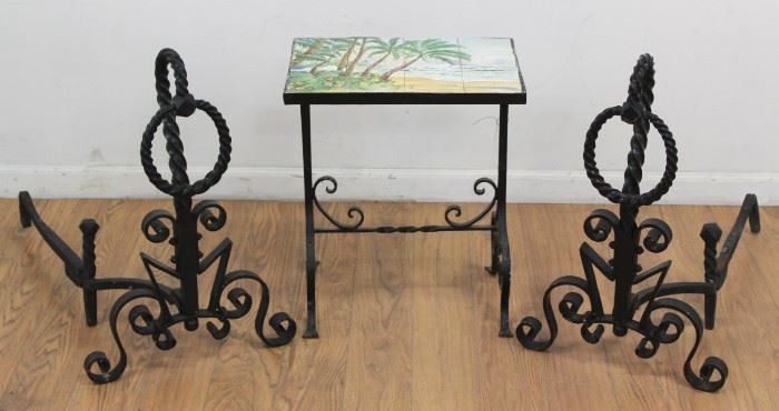 Lot 101: Lot of 3 Pieces, Table & Andirons