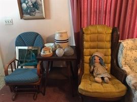 Glider, Lamp Stand Table and Tufted Velvet Cane Chair by Lewittes