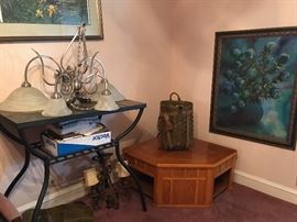 Lift Top Oak Corner Table, Tile Top bar Height Table, Light Fixtures