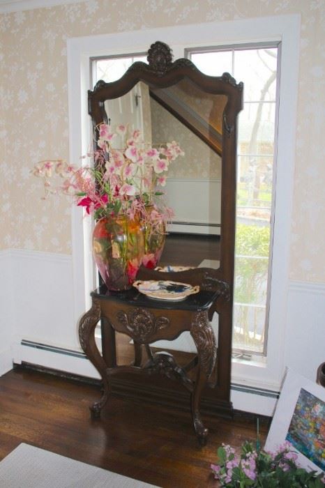 Standing Mirror and  Attached  Table with Floral Decorative and Decorative Platter