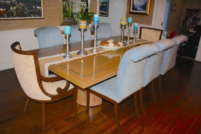 .Modern Dining Table Burled Top and 8 Chairs