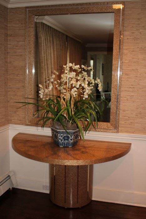 Demi-Lune Foyer Table and Large Mirror with Floral Decorative