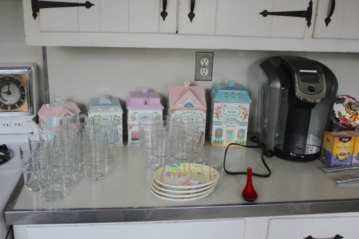 Kitchen Canisters and Coffee Maker and Glassware