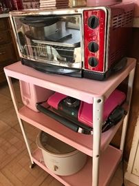 PINK METAL ROLLING CART, AND SMALL APPLIANCES 