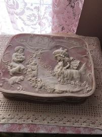 LARGE VINTAGE INCOLAY STONE JEWELRY BOX