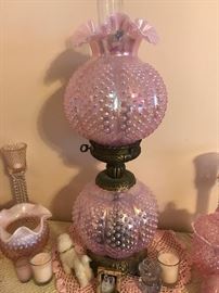 FENTON PINK OPALESCENT, DOUBLE GLOBE PARLOR LAMP