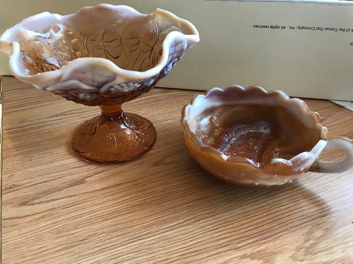 VINTAGE AMBER MILK RUFFLE CANDY DISH AND BOWL